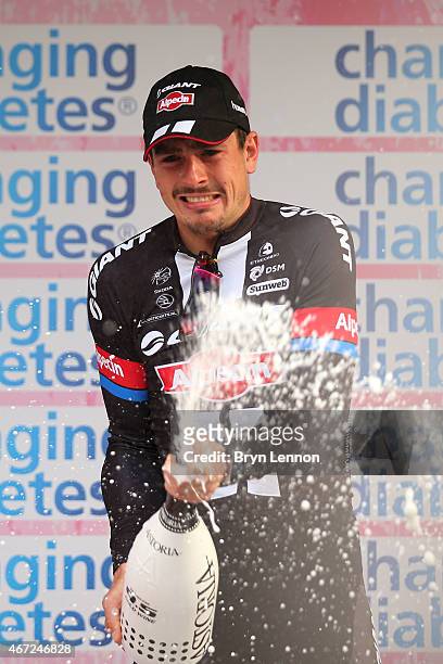 Race winner John Degenkolb of Germany and Team Giant - Alpecin celebrates on the podium following the 2015 Milan-SanRemo cycle race on March 22, 2015...