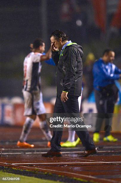 Juan Antonio Pizzi head coach of Leon reacts after his team received a goal during a match between Monterrey and Leon as part of 11th round Clausura...