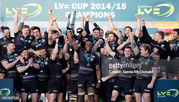 Saracens celebrate following their 23-20 victory during the LV= Cup Final match between Saracens and Exeter Chiefs at Franklin's Gardens on March 22,...