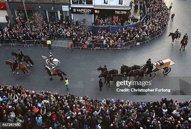 The coffin containing the remains of King Richard III is carried on a procession for interrment at Leicester Cathedral on March 22, 2015 in...