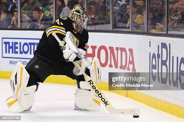 Niklas Svedberg of the Boston Bruins tends net against the Buffalo Sabres during the second period at TD Garden on March 17, 2015 in Boston,...