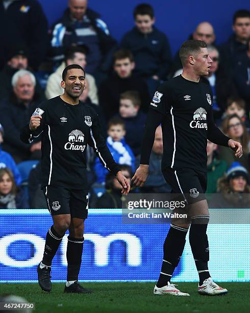 Aaron Lennon of Everton celebrates scoring his team's second goal during the Barclays Premier League match between Queens Park Rangers and Everton at...