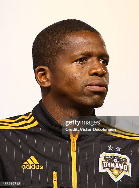 Boniek Garcia of Houston Dynamo looks on after the singing of the national anthem prior to the MLS match against the Los Angeles Galaxy at StubHub...