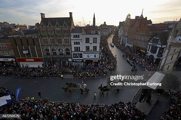 The coffin containing the remains of King Richard III is carried in procession for interment at Leicester Cathedral on March 22, 2015 in Leicester,...