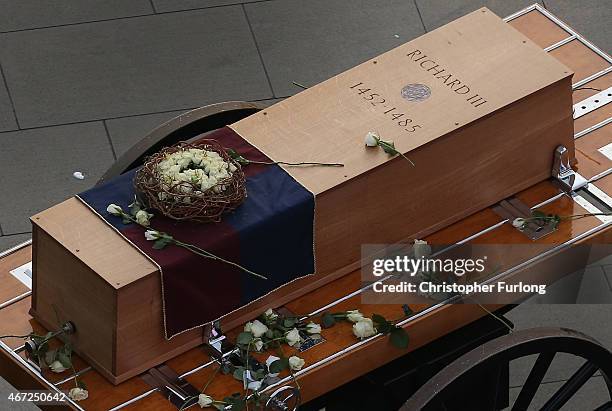 The coffin containing the remains of King Richard III is carried in procession for interment at Leicester Cathedral on March 22, 2015 in Leicester,...