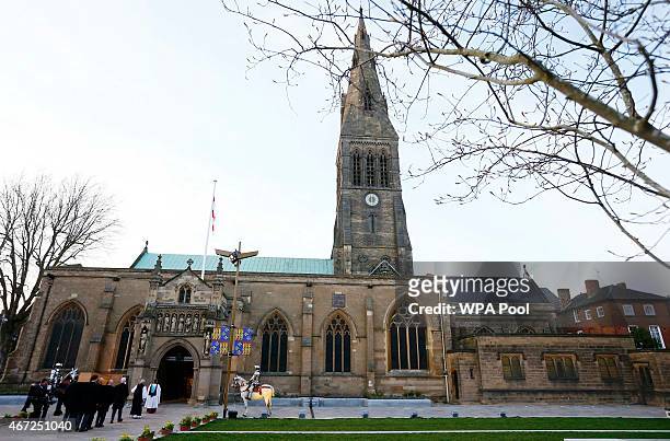 The coffin containing the remains of King Richard III is carried into Leicester Cathedral following a procession through Leicester City centre on...