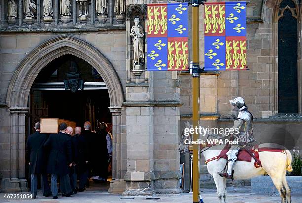 The coffin containing the remains of King Richard III is carried into Leicester Cathedral following a procession through Leicester City centre on...