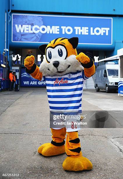 Spark, the QPR club mascot poses prior to the Barclays Premier League match between Queens Park Rangers and Everton at Loftus Road on March 22, 2015...