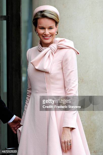 Queen Mathilde of Belgium arrives to meet French president Francois Hollande during a one day official visit to Paris at the Elysee Palace on...