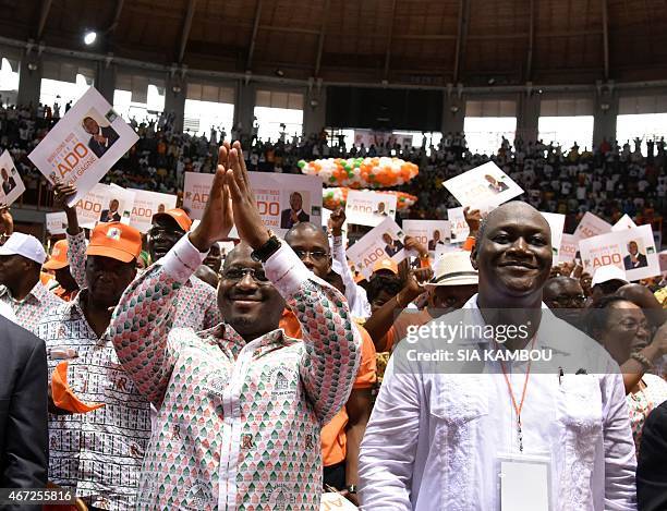 Ivorian national assembly president Guillaume Soro and state minister Ibrahim Ouattara take part in the congress of the "Rassemblement des...