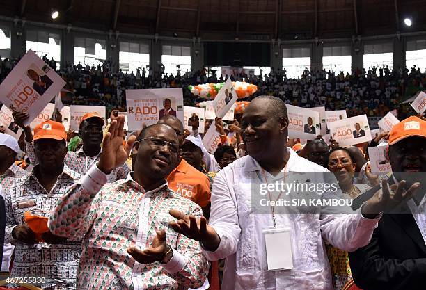 Ivorian national assembly president Guillaume Soro and state minister Ibrahim Ouattara take part in the congress of the "Rassemblement des...