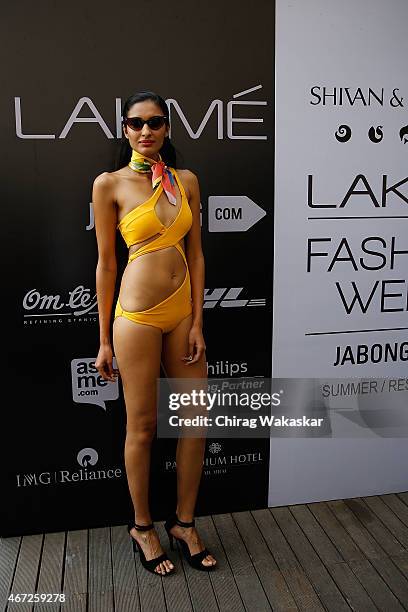 Model walks the runway during the Shivan & Narresh show on day 5 of Lakme Fashion Week Summer/Resort 2015 at Palladium Hotel on March 22, 2015 in...