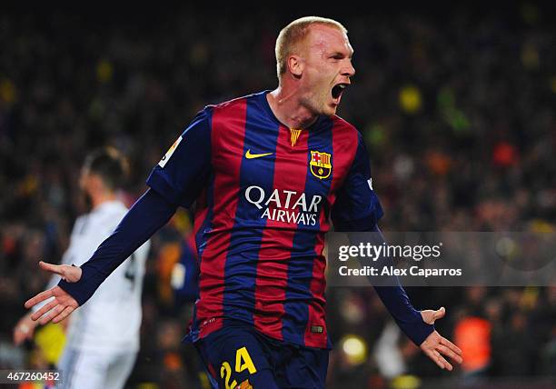 Jeremy Mathieu of Barcelona celebrates as he scores their first goal with a header during the La Liga match between FC Barcelona and Real Madrid CF...