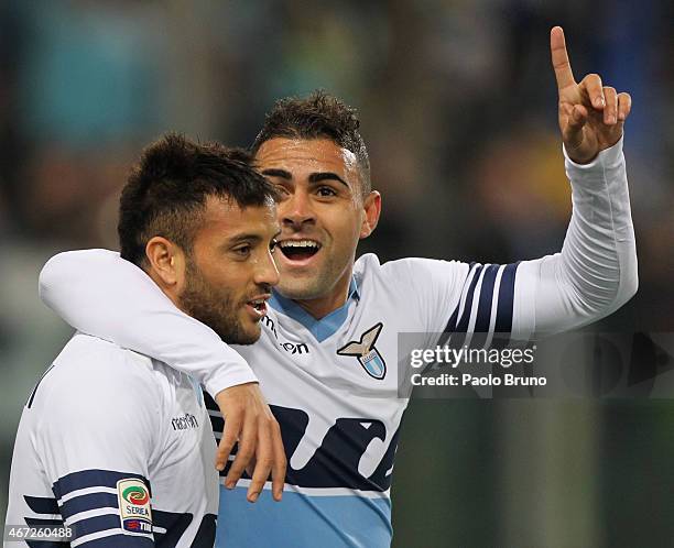 Felipe Anderson with his teammate Mauricio Nascimento Dos Santos of SS Lazio celebrates after scoring the opening goal during the Serie A match...