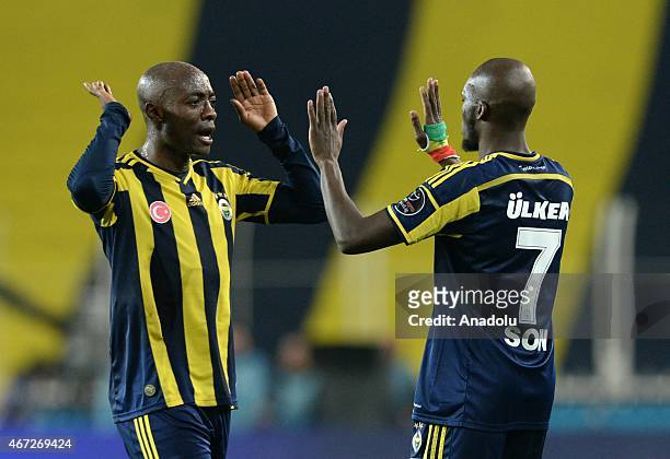Moussa Sow and Webo of Fenerbahce celebrates their score during the Turkish Spor Toto Super League match between Fenerbahce and Besiktas at Sukru...