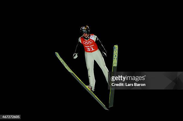 Lukas Hlava of Czech Republic jumps during the Men's Normal Hill Individual Ski Jumping training ahead of the Sochi 2014 Winter Olympics at the...