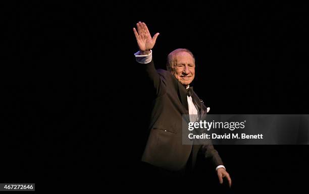 Mel Brooks bows at the curtain call following his first UK solo show "Mel Brooks: Live In London" at The Prince of Wales Theatre on March 22, 2015 in...