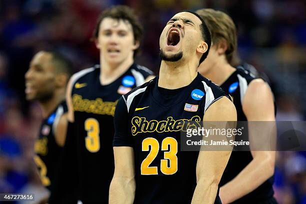 Fred VanVleet of the Wichita State Shockers reacts after hitting a three-pointer against the Kansas Jayhawks in the first half during the third round...