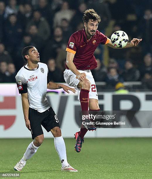 Gregoire Defrel of AC Cesena and Davide Astori of AS Roma in action during the Serie A match between AC Cesena and AS Roma at Dino Manuzzi Stadium on...