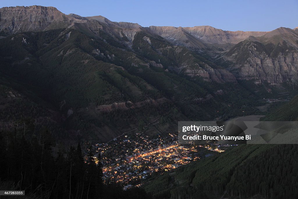 Aerial view of Telluride in the evening