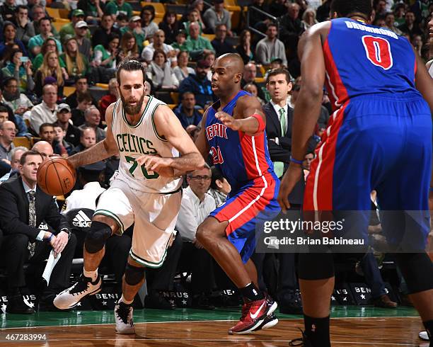 Luigi Datome of the Boston Celtics handles the ball against the Detroit Pistons on March 22, 2015 at the TD Garden in Boston, Massachusetts. NOTE TO...