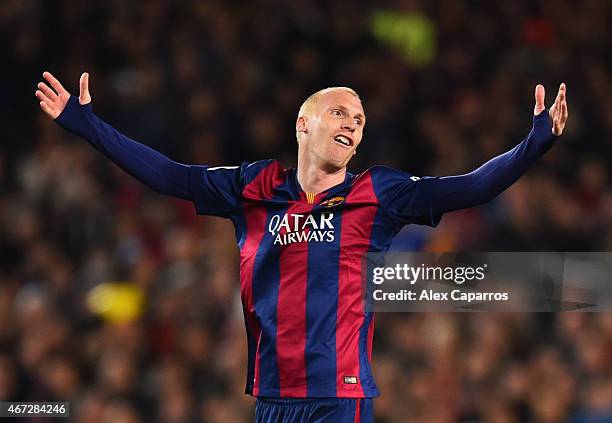 Jeremy Mathieu of Barcelona reacts during the La Liga match between FC Barcelona and Real Madrid CF at Camp Nou on March 22, 2015 in Barcelona, Spain.