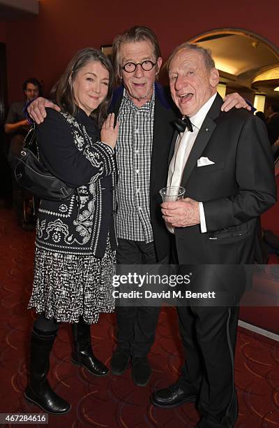 Ann Rees Myers, Sir John Hurt and Mel Brooks attend a post-show drinks reception following Mel Brooks' first UK solo show "Mel Brooks: Live In...