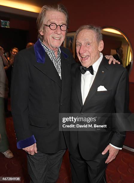 Sir John Hurt and Mel Brooks attend a post-show drinks reception following Mel Brooks' first UK solo show "Mel Brooks: Live In London" at The Prince...