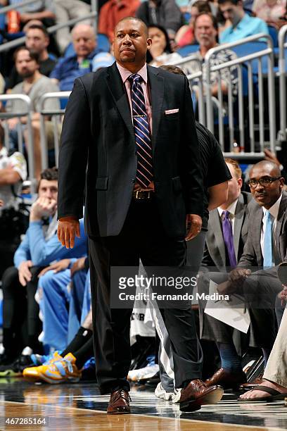 Melvin Hunt of the Denver Nuggets stands on the court during a game against the Orlando Magic on March 22, 2015 at Amway Center in Orlando, Florida....