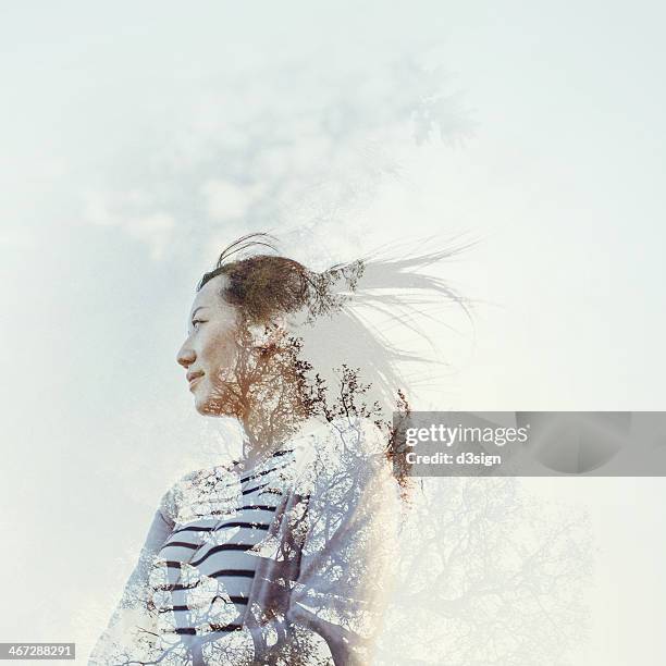 double exposure of female and tree in nature - double exposure stock pictures, royalty-free photos & images