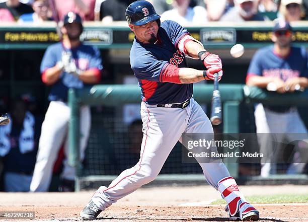 Humberto Quintero of the Boston Red Sox bats during a spring training game against the Pittsburgh Pirates at McKechnie Field on March 21, 2015 in...