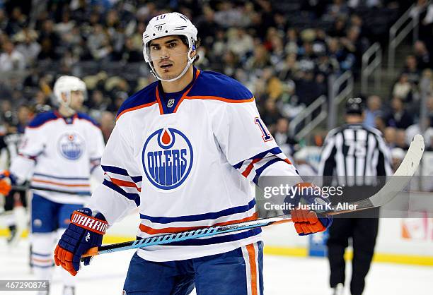 Nail Yakupov of the Edmonton Oilers skates during the game against the Pittsburgh Penguins at Consol Energy Center on March 12, 2015 in Pittsburgh,...