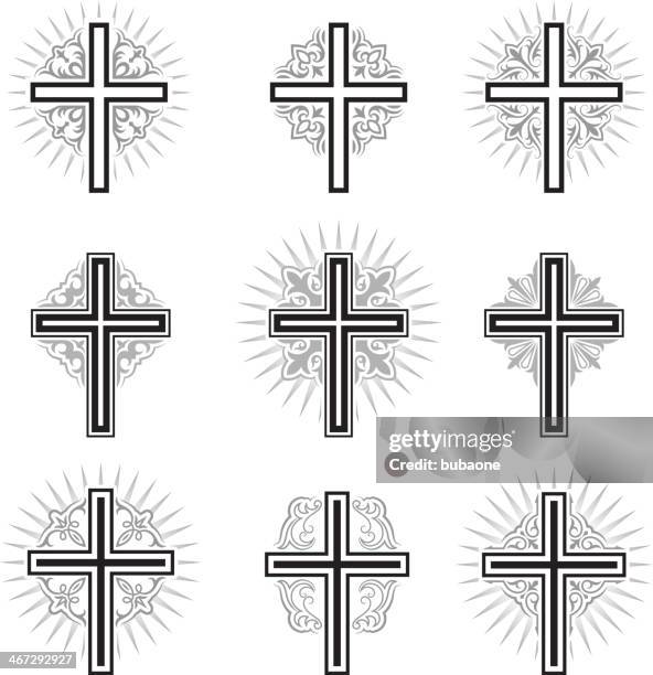 christian cross schwarz und weiß lizenzfreie vektor icon-set - methodist cross stock-grafiken, -clipart, -cartoons und -symbole