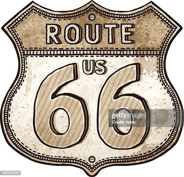 cartoon u.s. route shield- route 66 road sign - two lanes to one stock illustrations