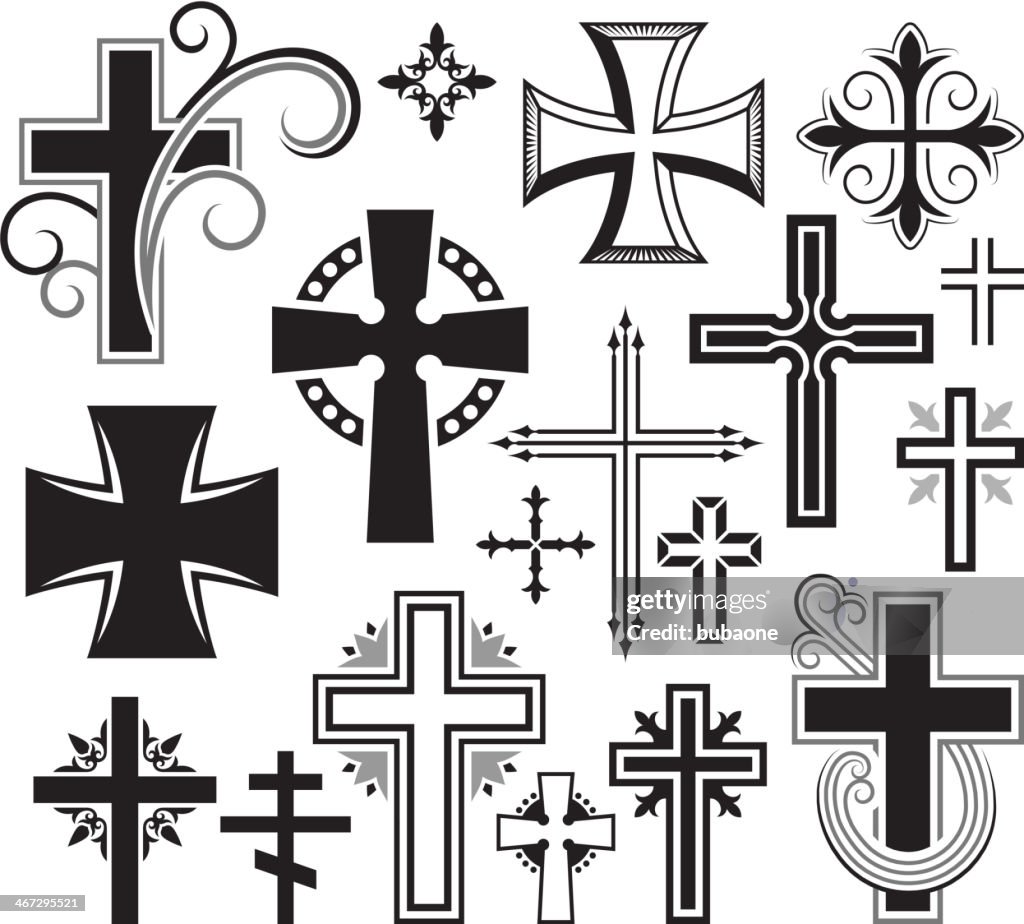 Christian Cross bianco e nero icona set vettoriale royalty-free