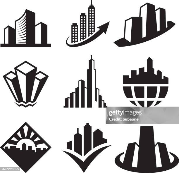 skyscrapersblack & white royalty free vector icon set - modern luxury house exterior stock illustrations