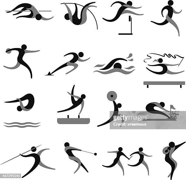 ilustraciones, imágenes clip art, dibujos animados e iconos de stock de conjunto de iconos de deportes - pruebas en pista