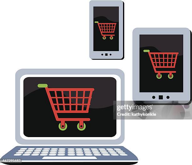 e-commerce on electronic devices shopping cart - shopping electronics store stock illustrations