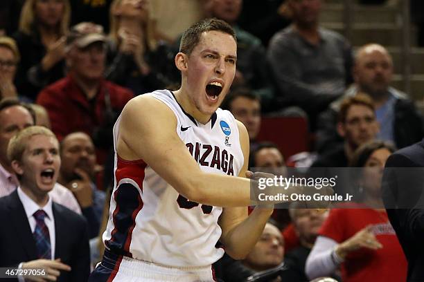 Kyle Wiltjer of the Gonzaga Bulldogs reacts after points in the first half of the game against the Iowa Hawkeyes during the third round of the 2015...