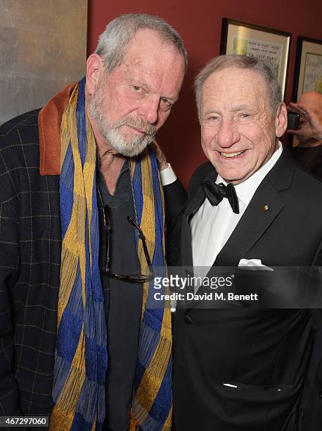 Terry Gilliam and Mel Brooks attend a post-show drinks reception following Mel Brooks' first UK solo show "Mel Brooks: Live In London" at The Prince...