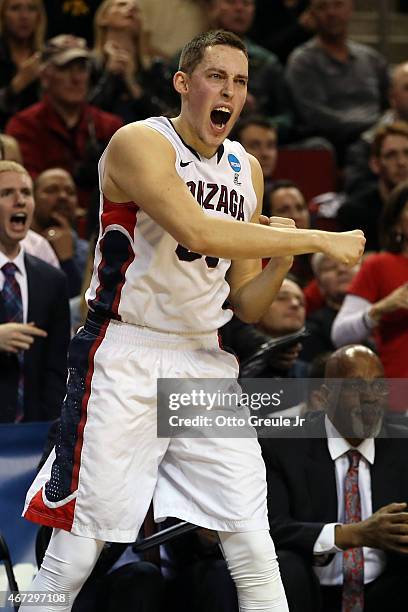 Kyle Wiltjer of the Gonzaga Bulldogs reacts after points in the first half of the game against the Iowa Hawkeyes during the third round of the 2015...