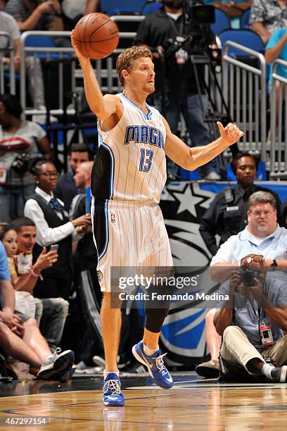 Luke Ridnour of the Orlando Magic handles the ball against the Denver Nuggets on March 22, 2015 at Amway Center in Orlando, Florida. NOTE TO USER:...