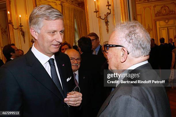 King Philippe of Belgium and Philippe Bouvard attend the King Philippe of Belgium and Queen Mathilde Of Belgium's visit to the Residence of the...