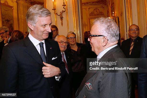 King Philippe of Belgium and Philippe Bouvard attend the King Philippe of Belgium and Queen Mathilde Of Belgium's visit to the Residence of the...