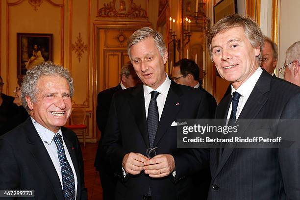 Laurent Dassault, King Philippe of Belgium and Ambassador of Belgium Patrick Vercauteren Drubbel attend the King Philippe of Belgium and Queen...