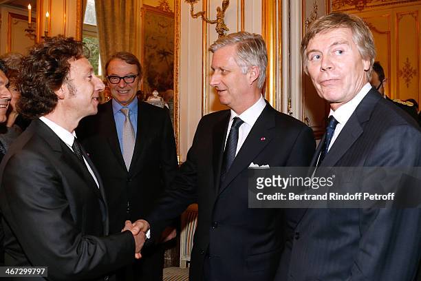 Stephane Bern, King Philippe of Belgium and Ambassador of Belgium Patrick Vercauteren Drubbel attend the King Philippe of Belgium and Queen Mathilde...