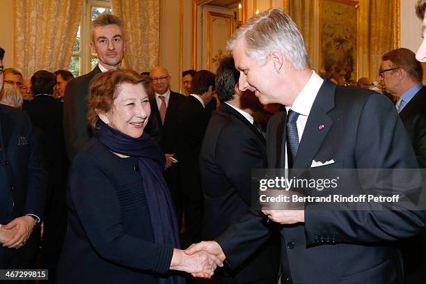 Francoise Dumas and King Philippe of Belgium attend the King Philippe of Belgium and Queen Mathilde Of Belgium's visit to the Residence of the...