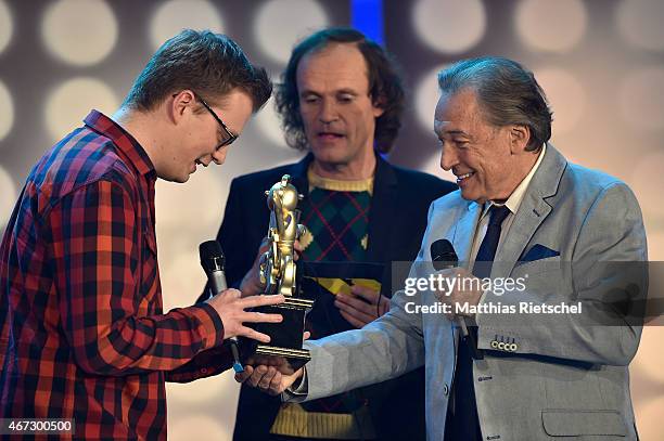 Maxi Gstettenbauer, Olaf Schubert, and Karel Gott perform during the 1st Dresdner Humor Festival 'HumorZone' on March 22, 2015 in Dresden, Germany.