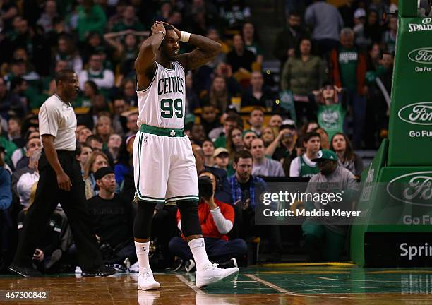 Jae Crowder of the Boston Celtics reacts during overtime at TD Garden on March 22, 2015 in Boston, Massachusetts. The Pistons defeat the Celtics...