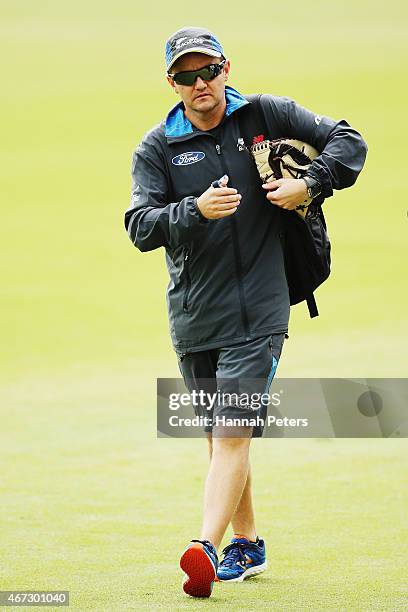 Mike Hesson, coach of New Zealand arrives for a New Zealand nets session at Eden Park on March 23, 2015 in Auckland, New Zealand.